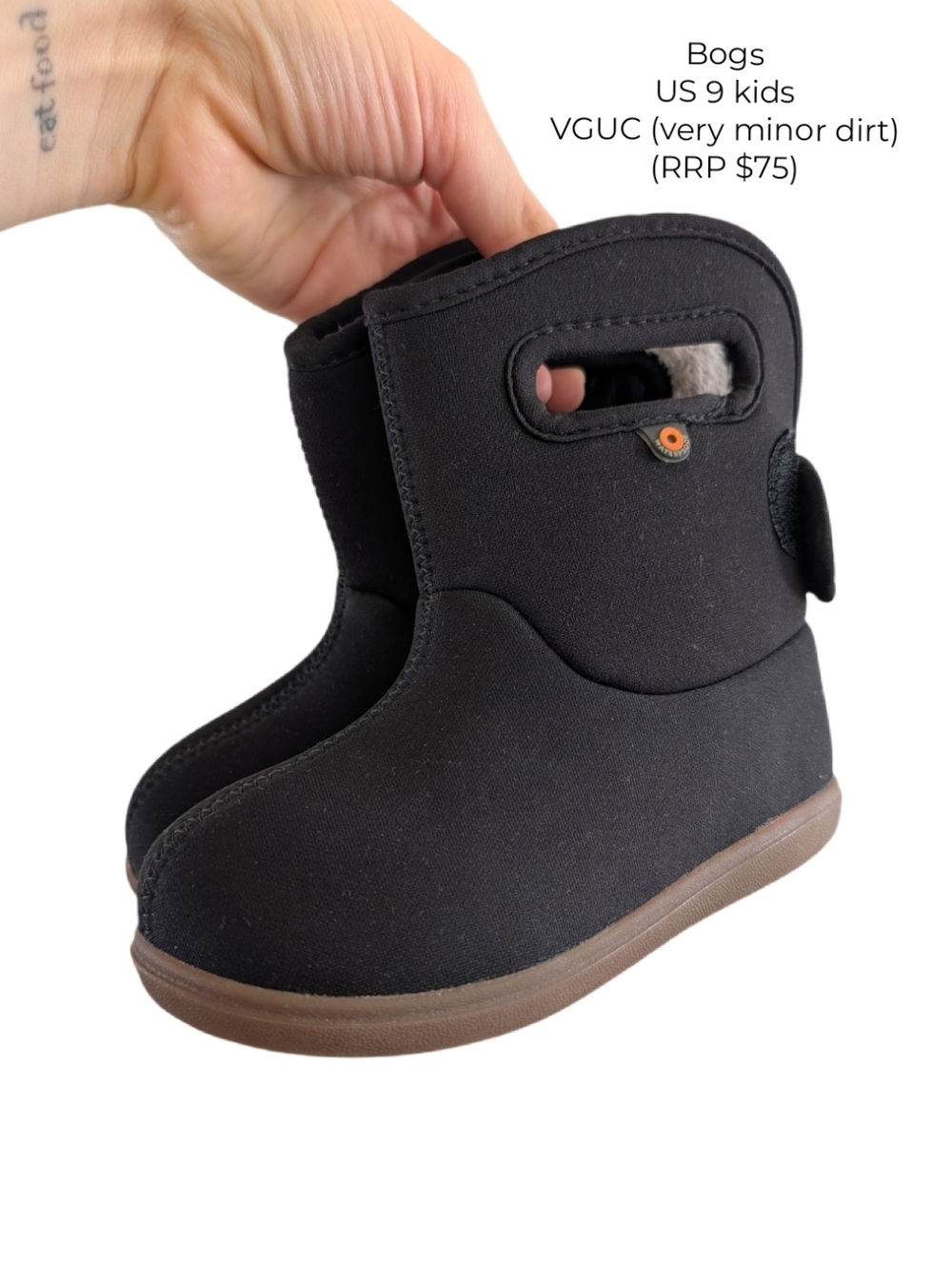 Bogs Kids Black Rain Winter Waterproof Boots with Brown Sole | US 9 Kids